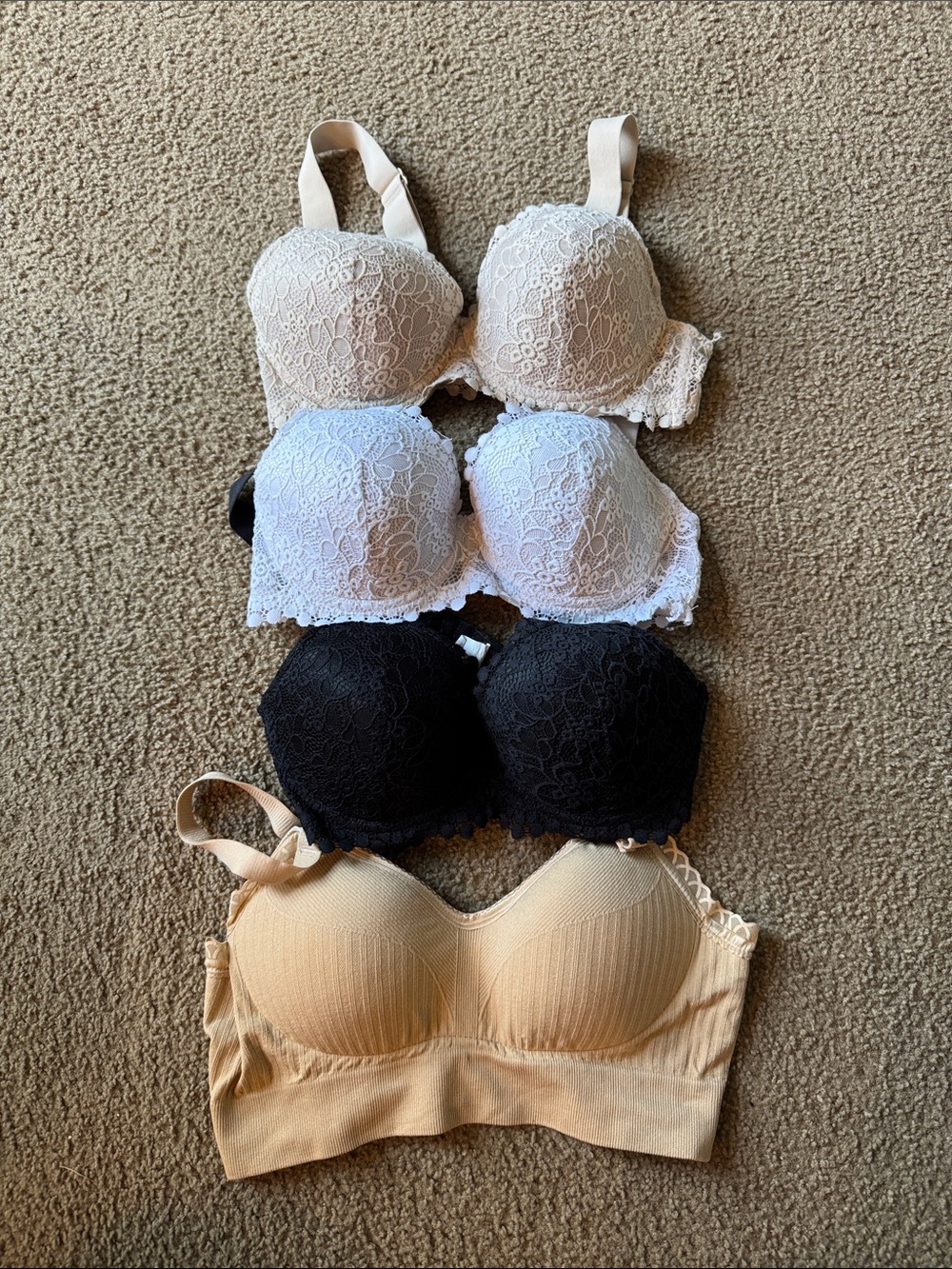 Women’s Lace and Seamless Bra Set in Nude, White, Black 34DD